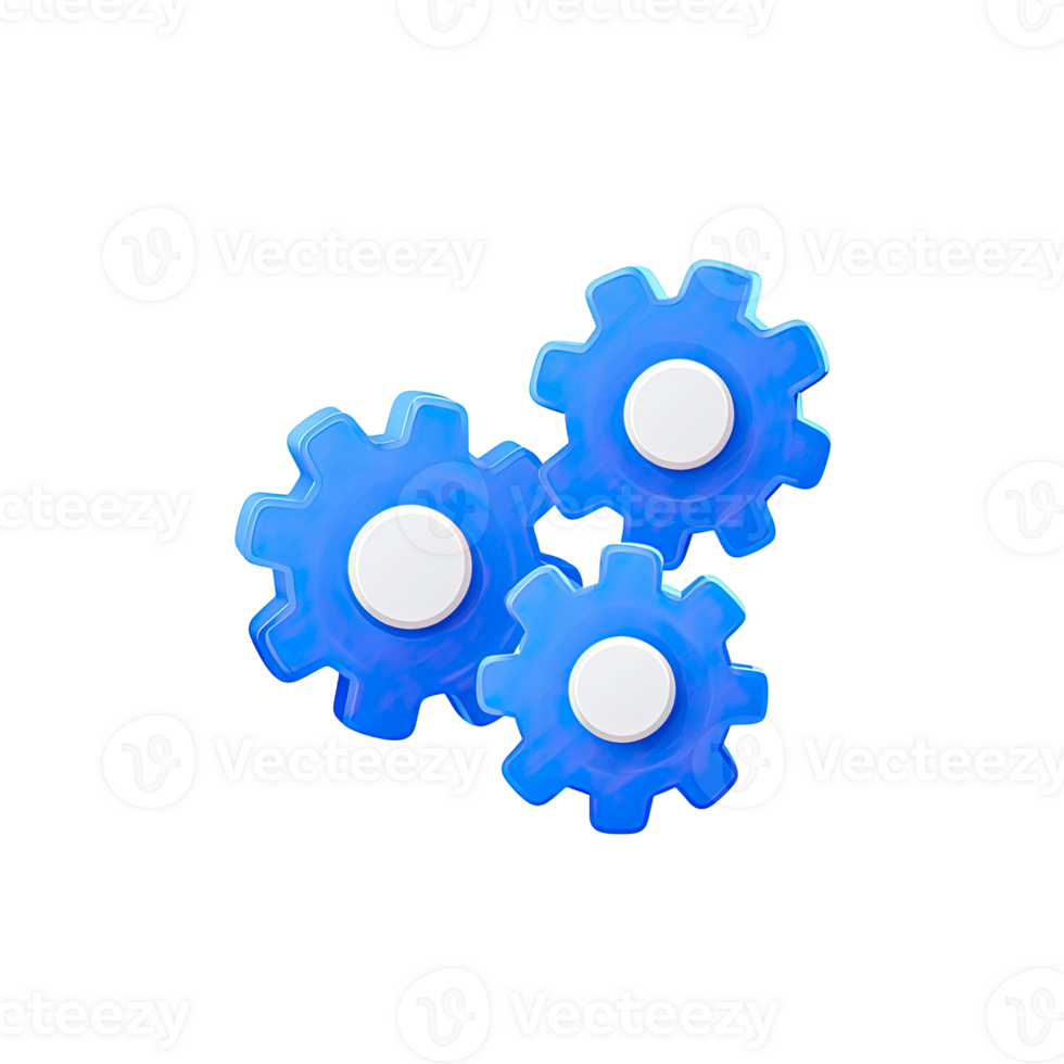 Three blue gears icon representing settings configuration and mechanical process isolated on transparent background png