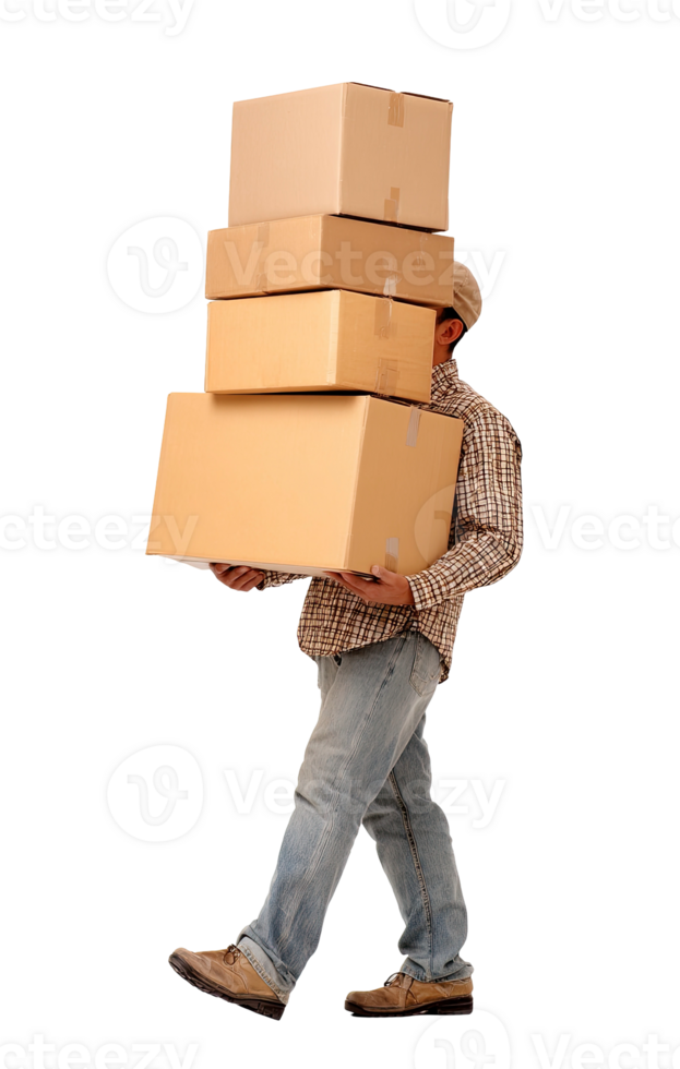 Man carrying a tall stack of four cardboard boxes walking forward isolated on transparent background png