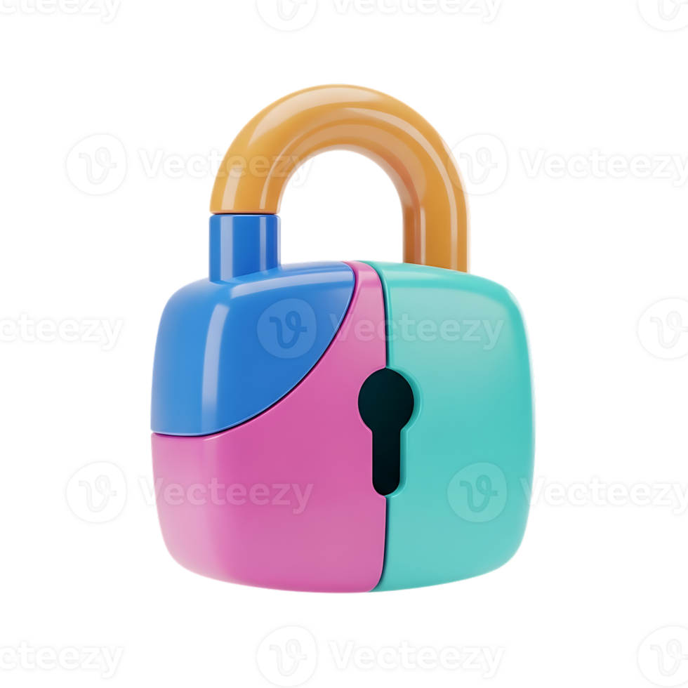 Colorful 3d render of a secure padlock with a keyhole isolated on transparent background png