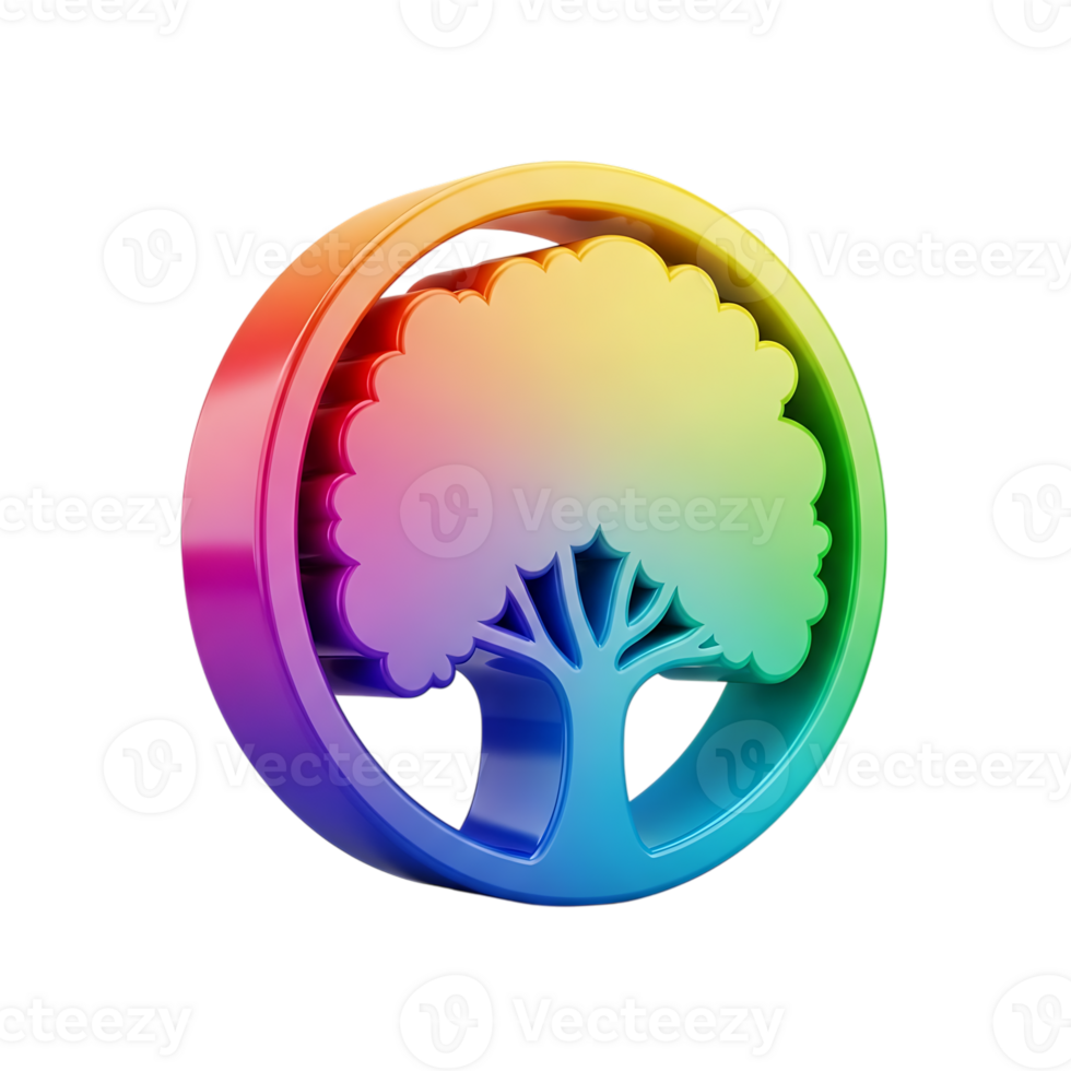 3d reso albero icona con un' arcobaleno pendenza colore schema nel un' circolare telaio png