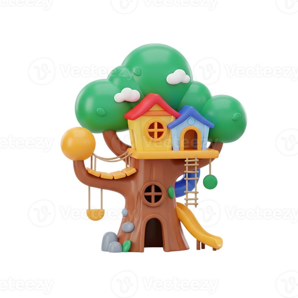 Whimsical 3d render of a cartoon treehouse with play structures on a transparent background png