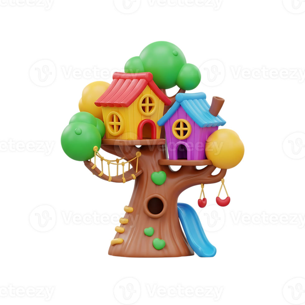 Colorful 3d render of a playful treehouse with slide and swings on transparent background png