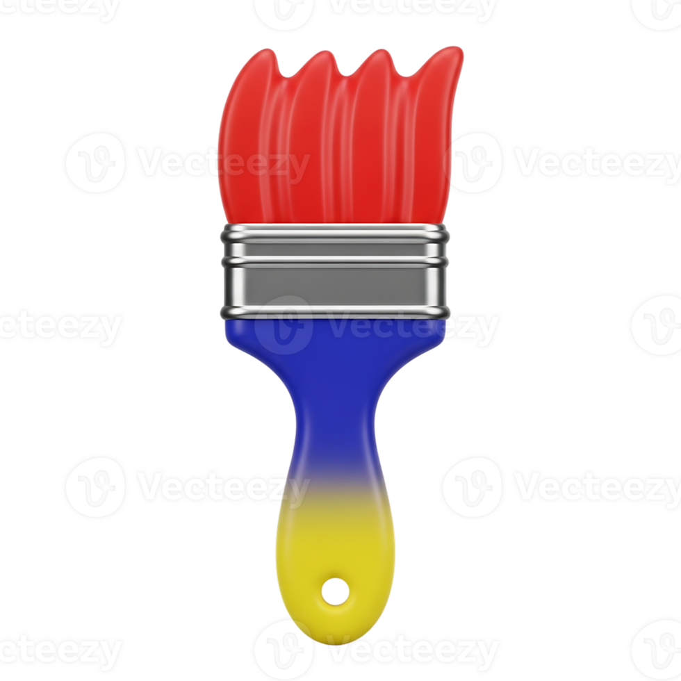 3d rendered artistic paintbrush icon with red bristles and a gradient color handle on transparent background png
