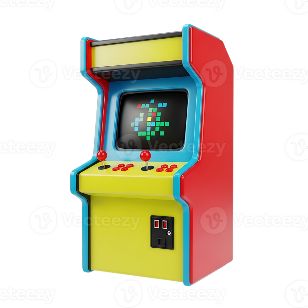 Colorful 3d render of a classic retro arcade game machine with a pixelated display png