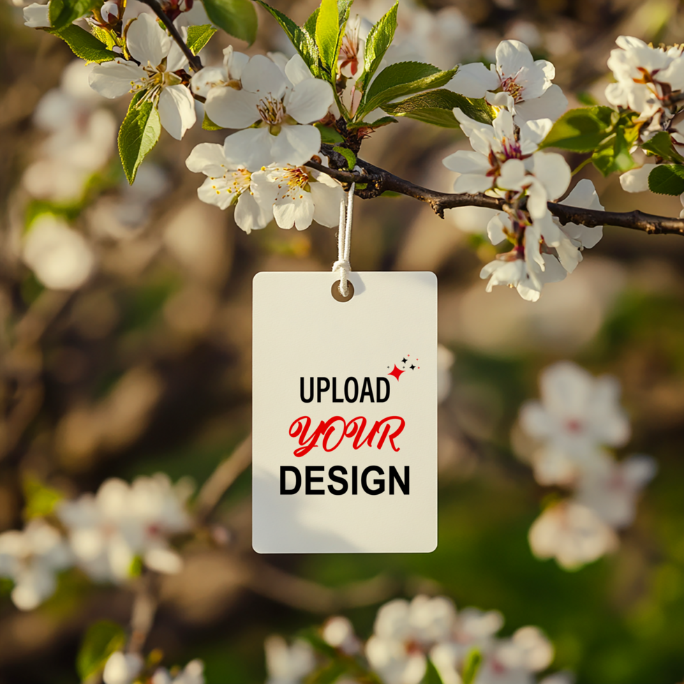 leer Etikett mit hochladen Ihre Design Text hängend von ein Blühen Baum Ast psd