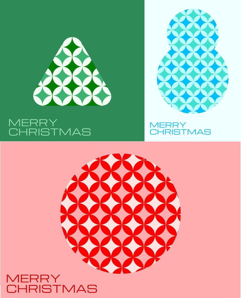 A three-panel Christmas design featuring geometric shapes a tree a snowman and a circle filled with repeating starburst patterns and MERRY CHRISTMAS text. vector