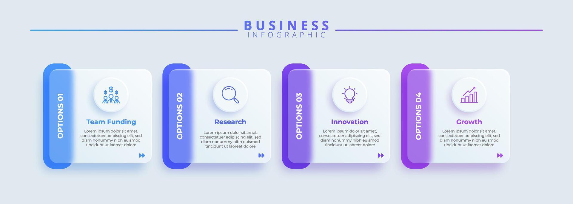Design template for infographic labels with icons and 4 options or steps. Suitable for process diagrams, presentation, workflow layouts, banners, flow charts, and infographics. vector