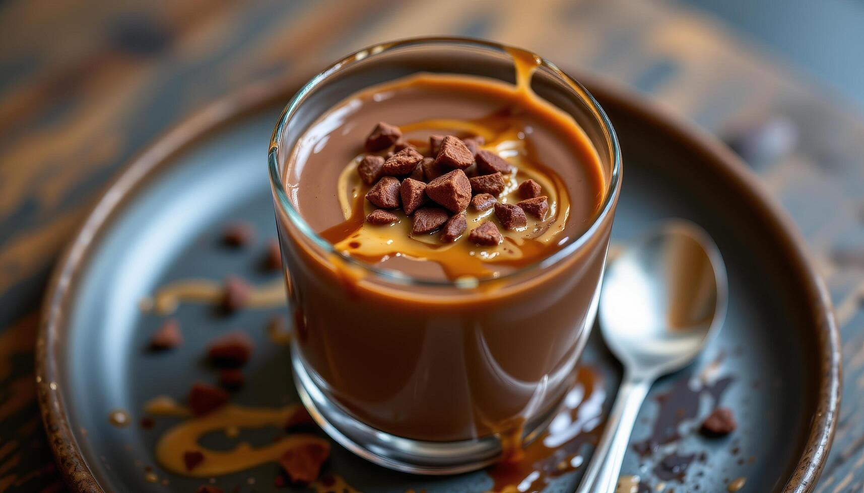 Silky chocolate custard served in a glass with caramel drizzle and cocoa nib garnish delight. photo