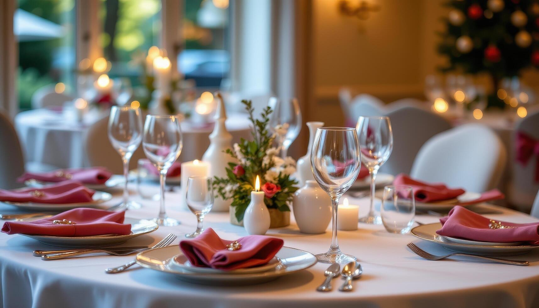 Festive table set with sparkling glassware, colorful napkins, and elegant plates under warm soft lighting. photo