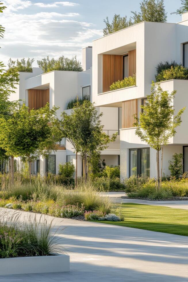 Modern white buildings rise among green trees on a sunny day. Paved path leads through grass and plants near the structures. Open air residences. photo