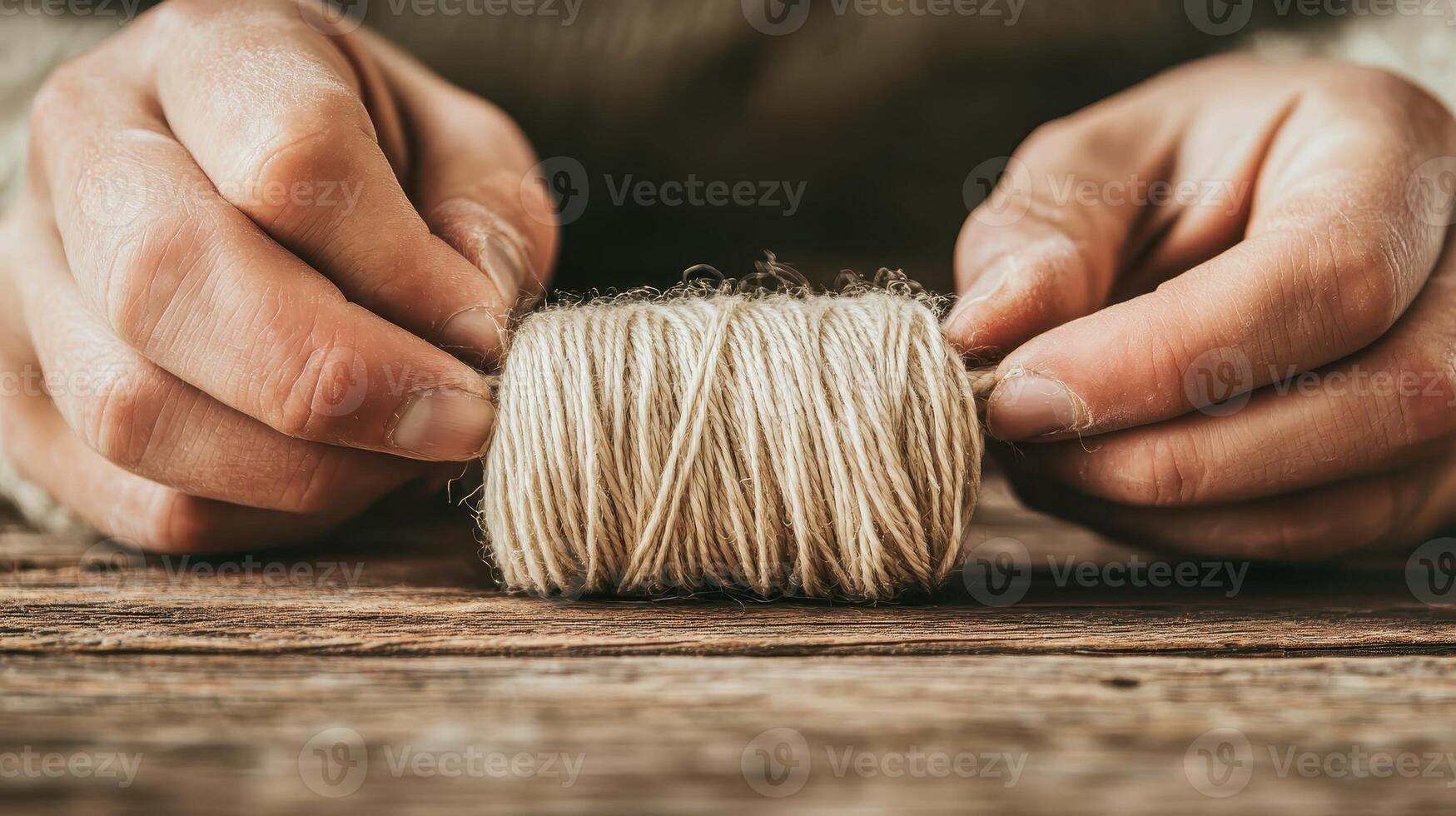 Hands hold a ball of natural twine on a rustic wooden surface, emphasizing focus and tactile creation. photo