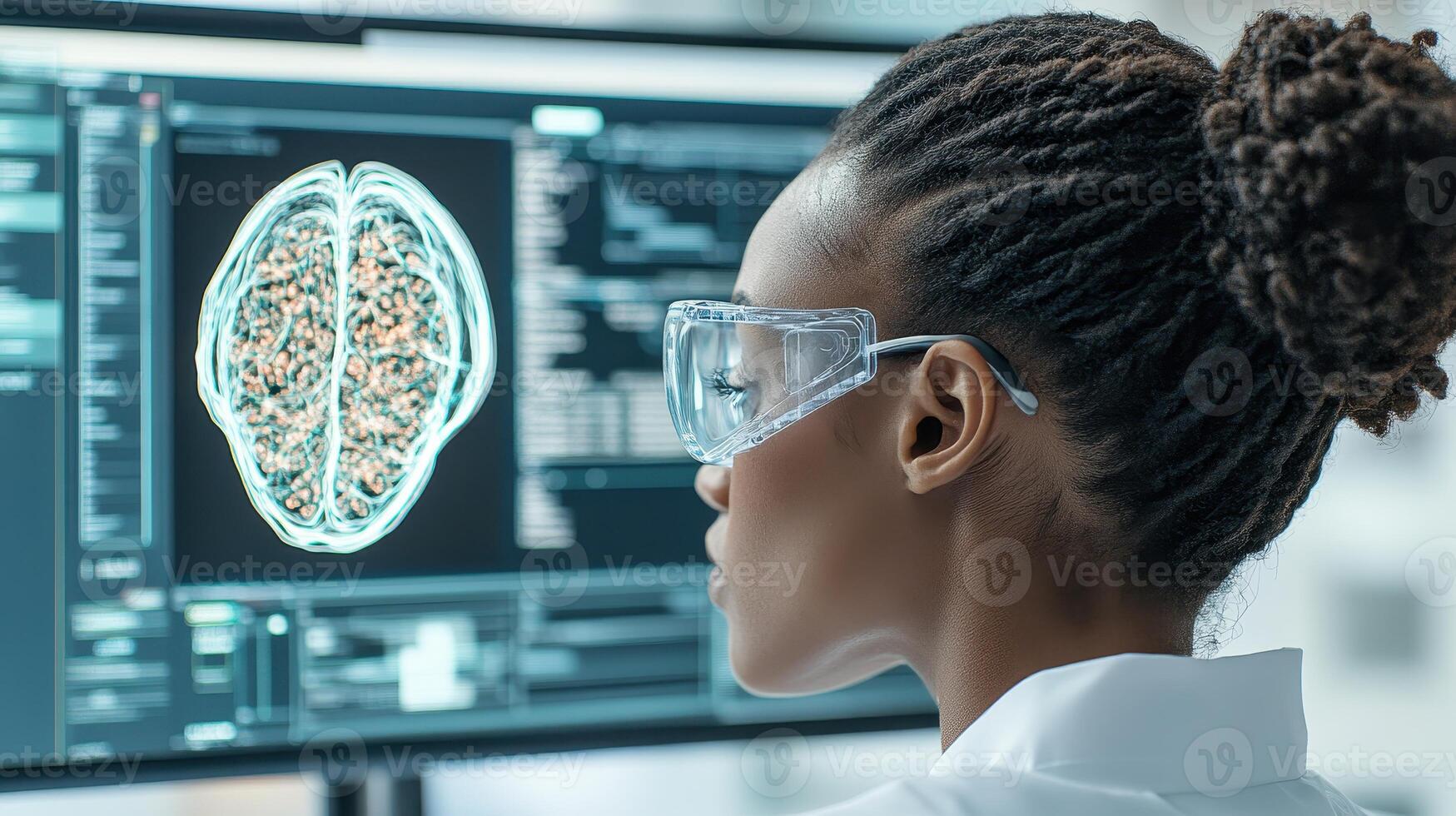 Scientist examines futuristic brain scan on computer screen in laboratory setting, focusing on innovative biological research. photo