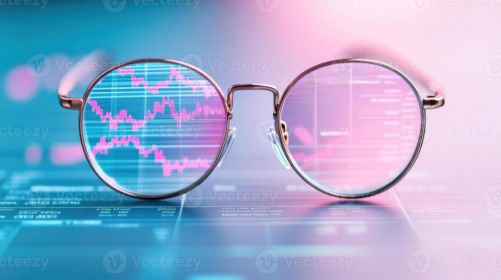 Round glasses resting on a digital interface displaying a downward trending financial graph with glowing pink and blue lines, representing economic data analysis. photo