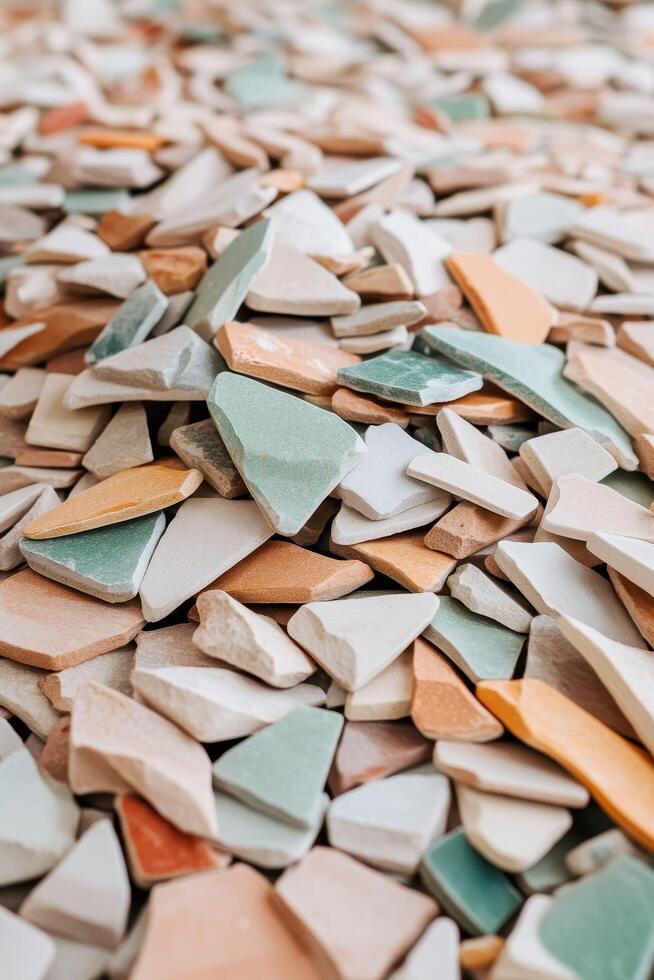 Scattered pieces of broken ceramic tiles in pastel colors, a pile of fragmented geometric shapes, creating a textured background with earthy tones and subtle green hues. photo