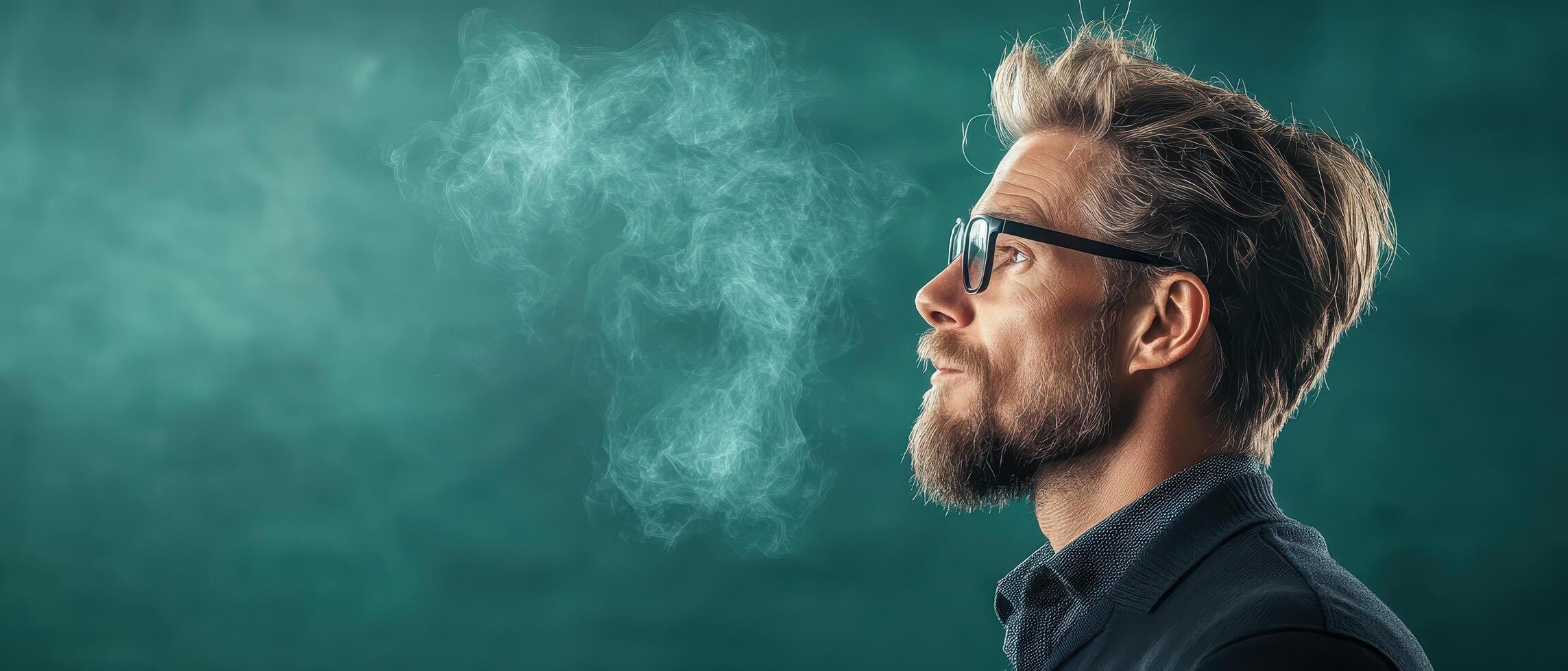 Man with glasses exhales digital stream symbolizing financial technology advancements and data flow. photo