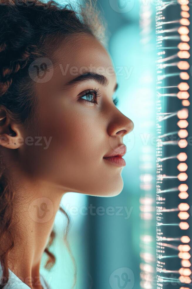 Woman observing genetic code data display with focus on DNA sequencing for biological advancement photo
