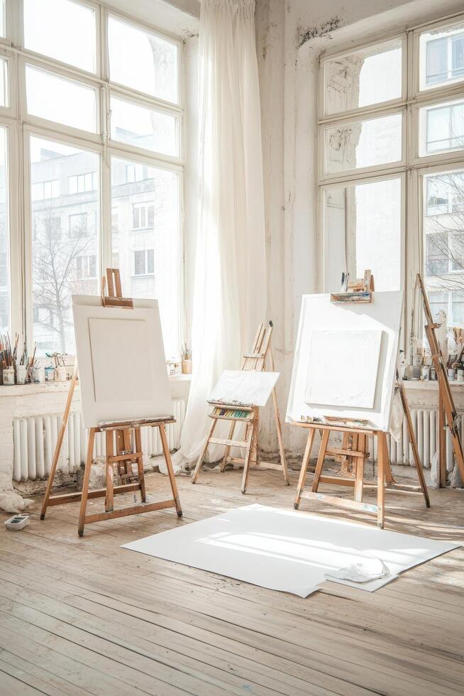 Bright studio space with easels and blank canvases ready for creative thought and artistic expression. photo