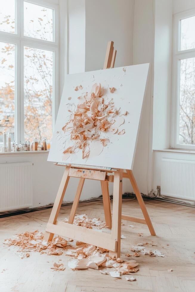 Empty canvas on wooden easel with scattered pieces, bright studio setting with large windows, representing ideas and creation. photo