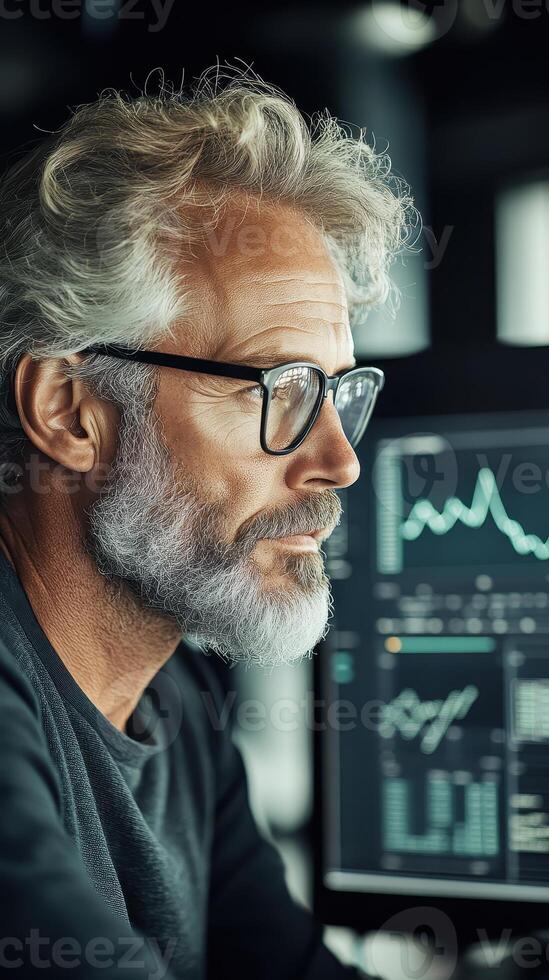 Mature man with glasses analyzing financial market data on computer screen displaying charts and graphs, representing fintech advancements. photo