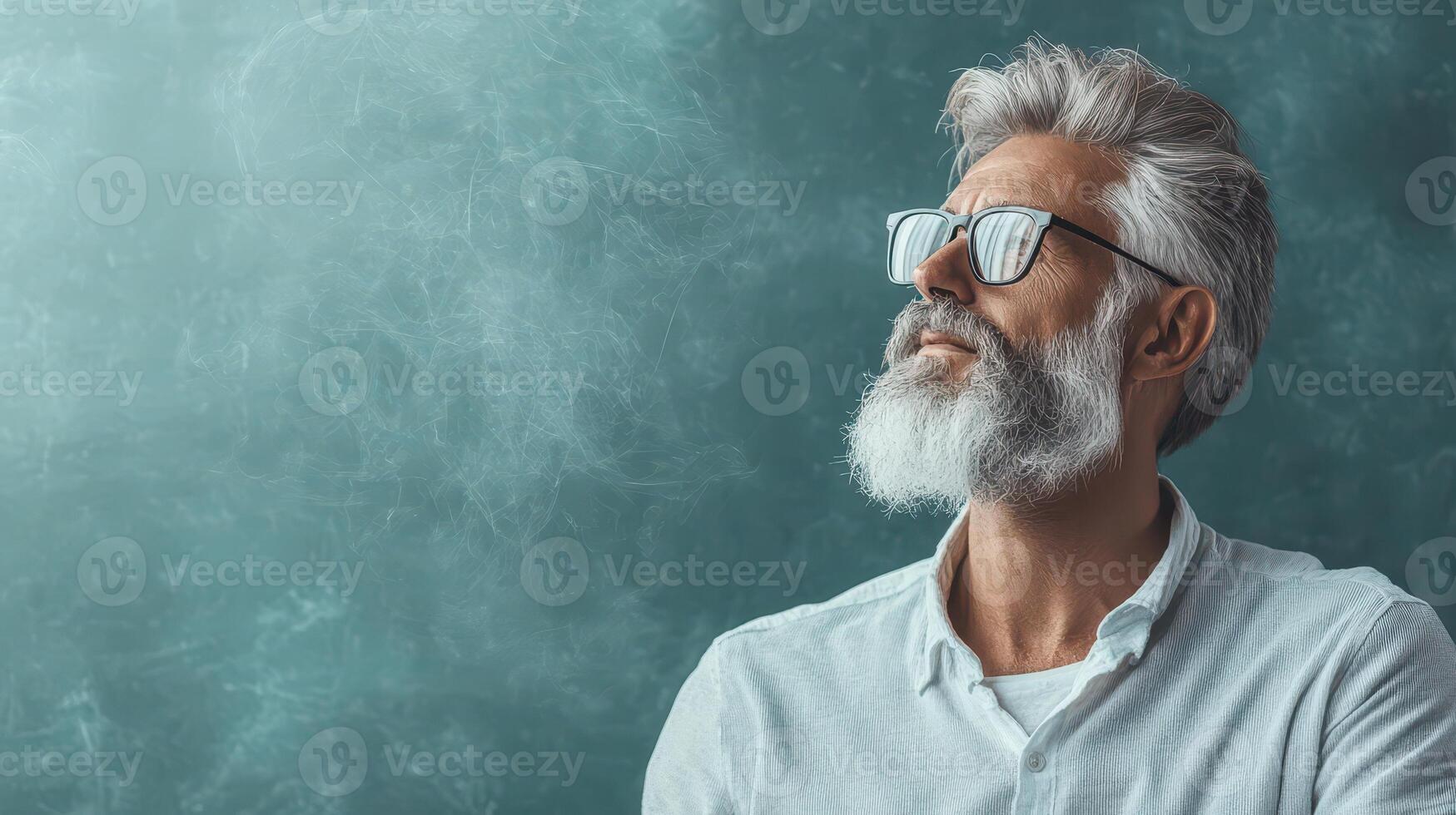 A thoughtful older man with glasses and a beard looks up with a confident expression against a textured teal background, symbolizing innovation and progress. photo