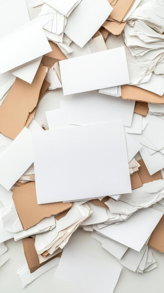 Scattered white and brown paper pieces creating a textured background for finance or technology concepts photo