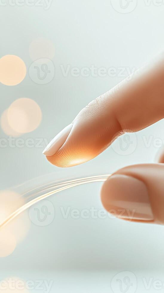 Fingers touch delicate illuminated threads against soft light bokeh background, conveying connection and gentle interaction. photo