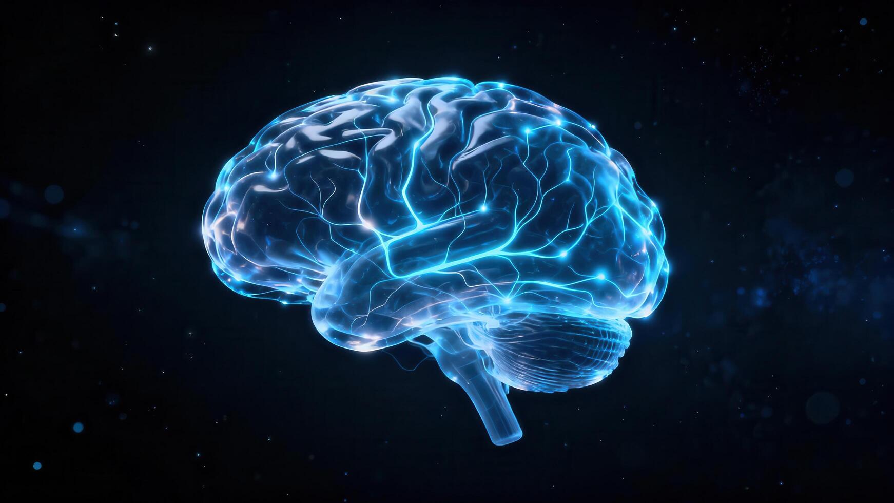 Futuristic glowing blue human brain rendering displaying neural activity and synapse connection points. photo