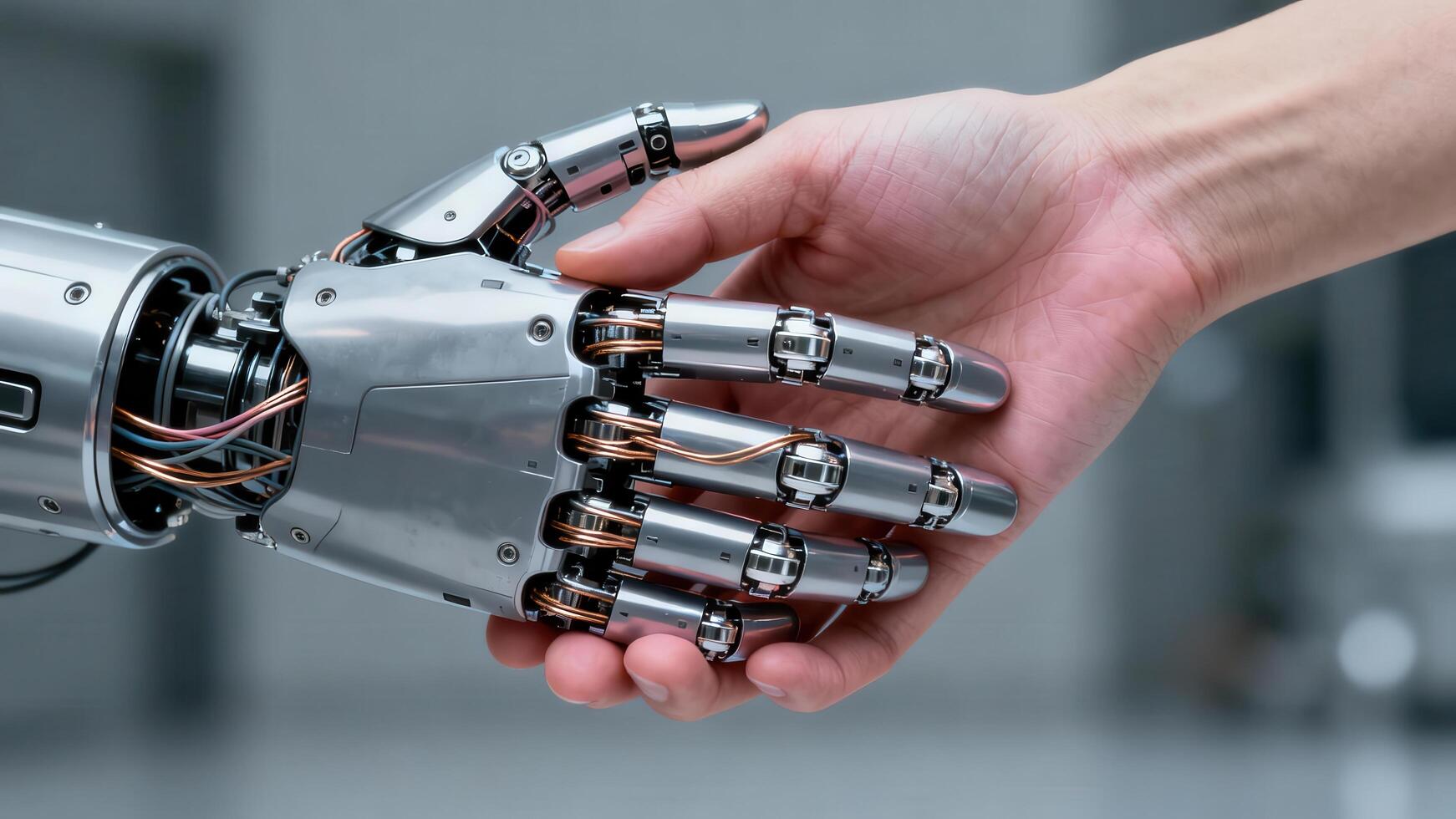 Polished metallic android hand and fleshy human hand clasped in a handshake, symbolizing technological cooperation and future integration. photo