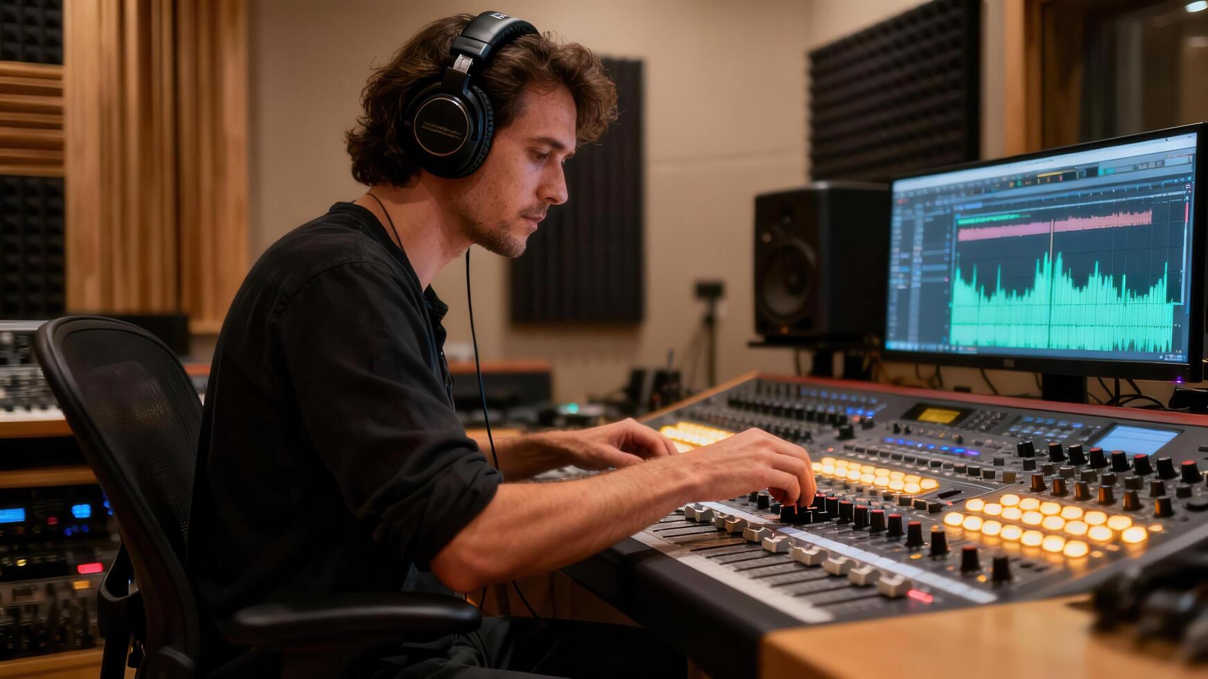 Focused audio engineer adjusts illuminated faders and knobs on a large mixing console inside a professional music recording . photo
