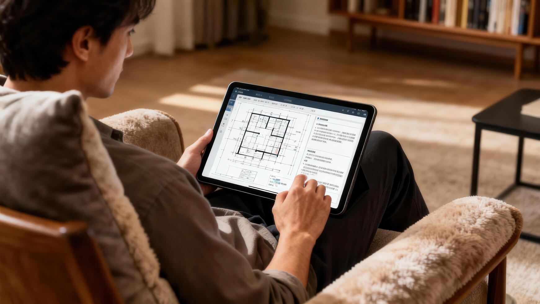 Young man relaxing on a textured armchair while reviewing architectural floor plans displayed on a digital tablet computer. photo