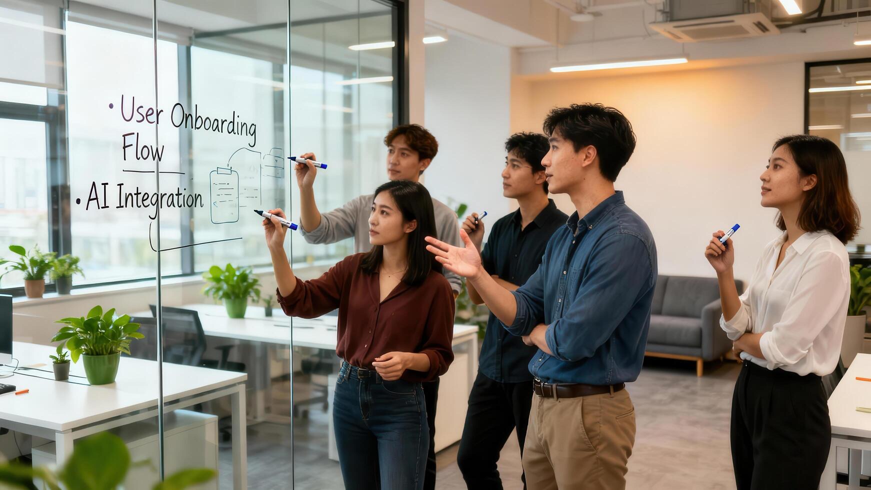 Asian business team collaborates on AI integration and user onboarding flow chart written on a clear office glass wall. photo