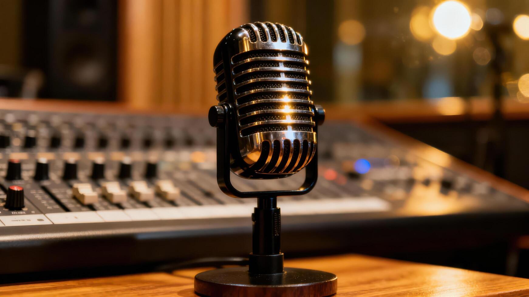Classic silver microphone positioned on a polished wooden table in a professional recording , blurred sound mixer board visible behind it. photo