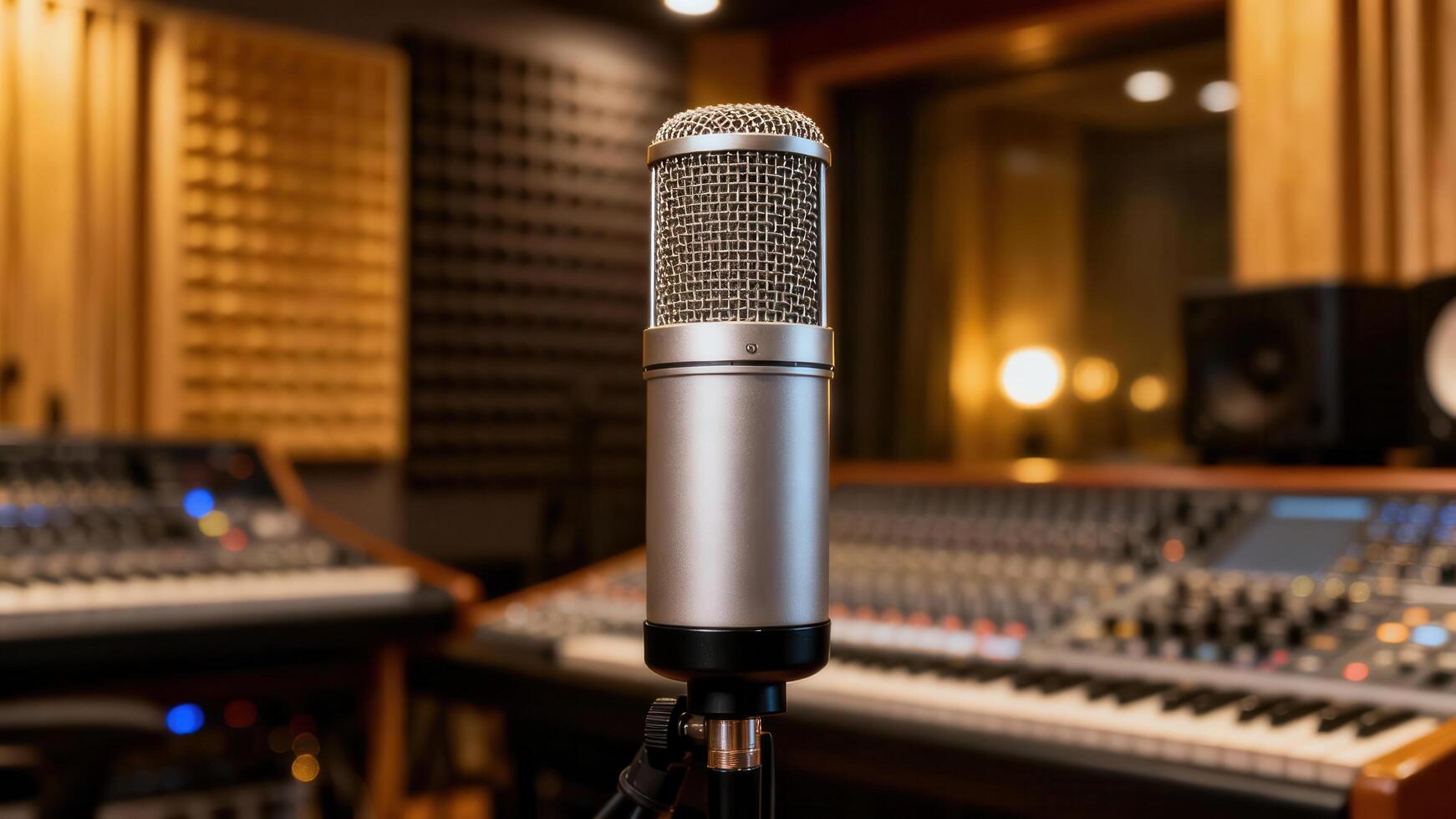 Condenser microphone in sharp focus positioned over the audio mixing desk inside a warm, professionally treated sound . photo