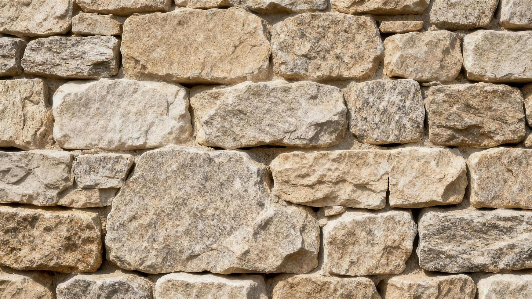 Aged exterior stone wall built from large irregular beige and gray rough-hewn blocks creating a rugged textured background. photo