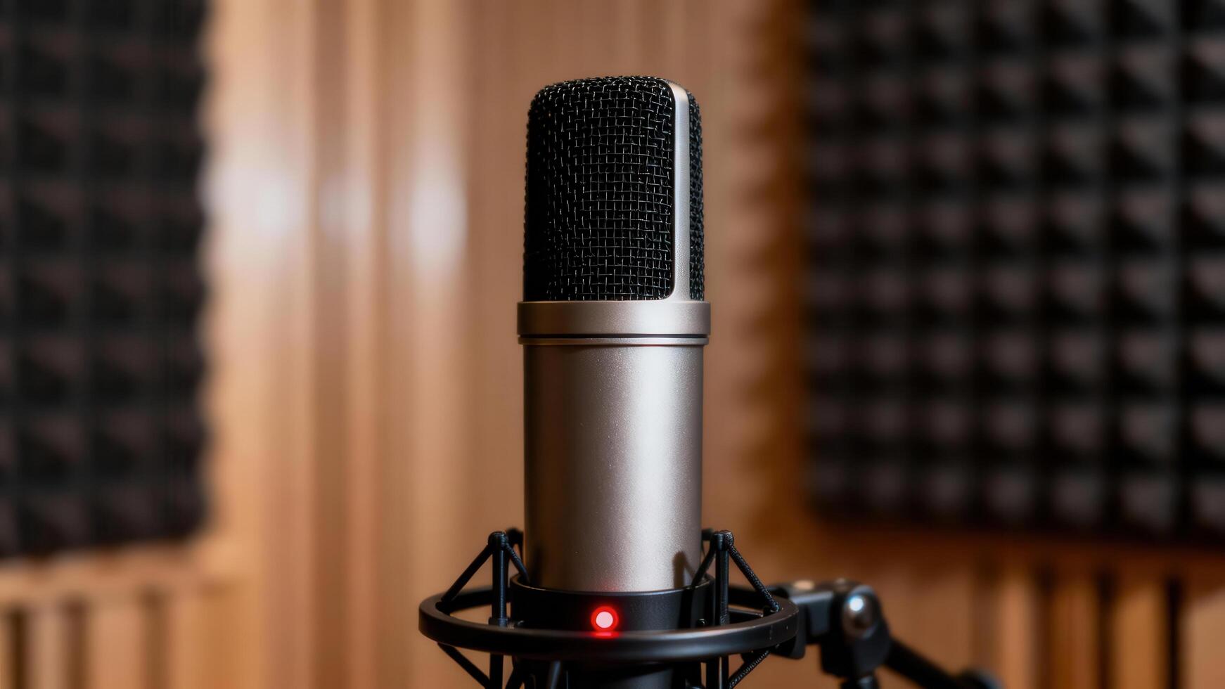 Silver condenser microphone with a red indicator light set up inside a professional sound recording booth. photo