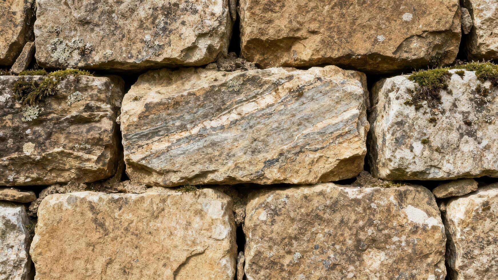 Rough textured surface of a dry stone retaining wall featuring rugged beige and gray quarry blocks covered with patches of moss and lichen. photo
