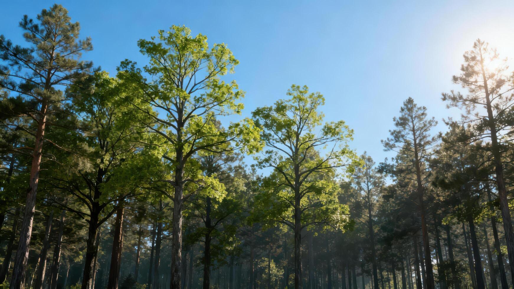 Bright sunlight streaming through the canopy of tall pine and deciduous trees under a clear azure sky. photo