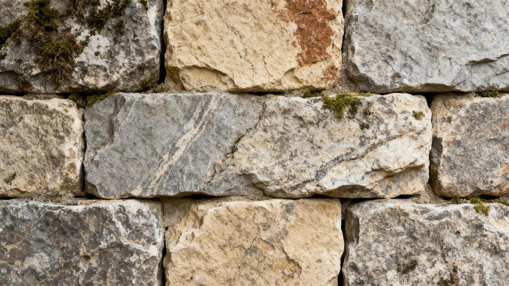 Textured stonework wall built from rugged rectangular gray and beige quarried stone blocks featuring green moss growth. photo