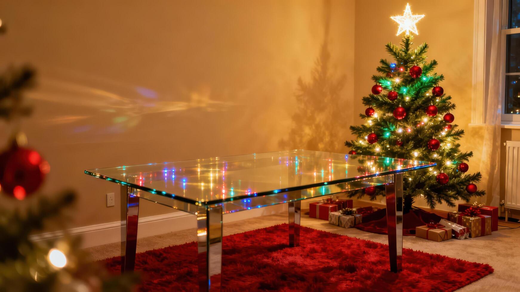 Glass top modern dining table reflecting holiday string lights beside a decorated artificial Christmas tree with red ornaments. photo