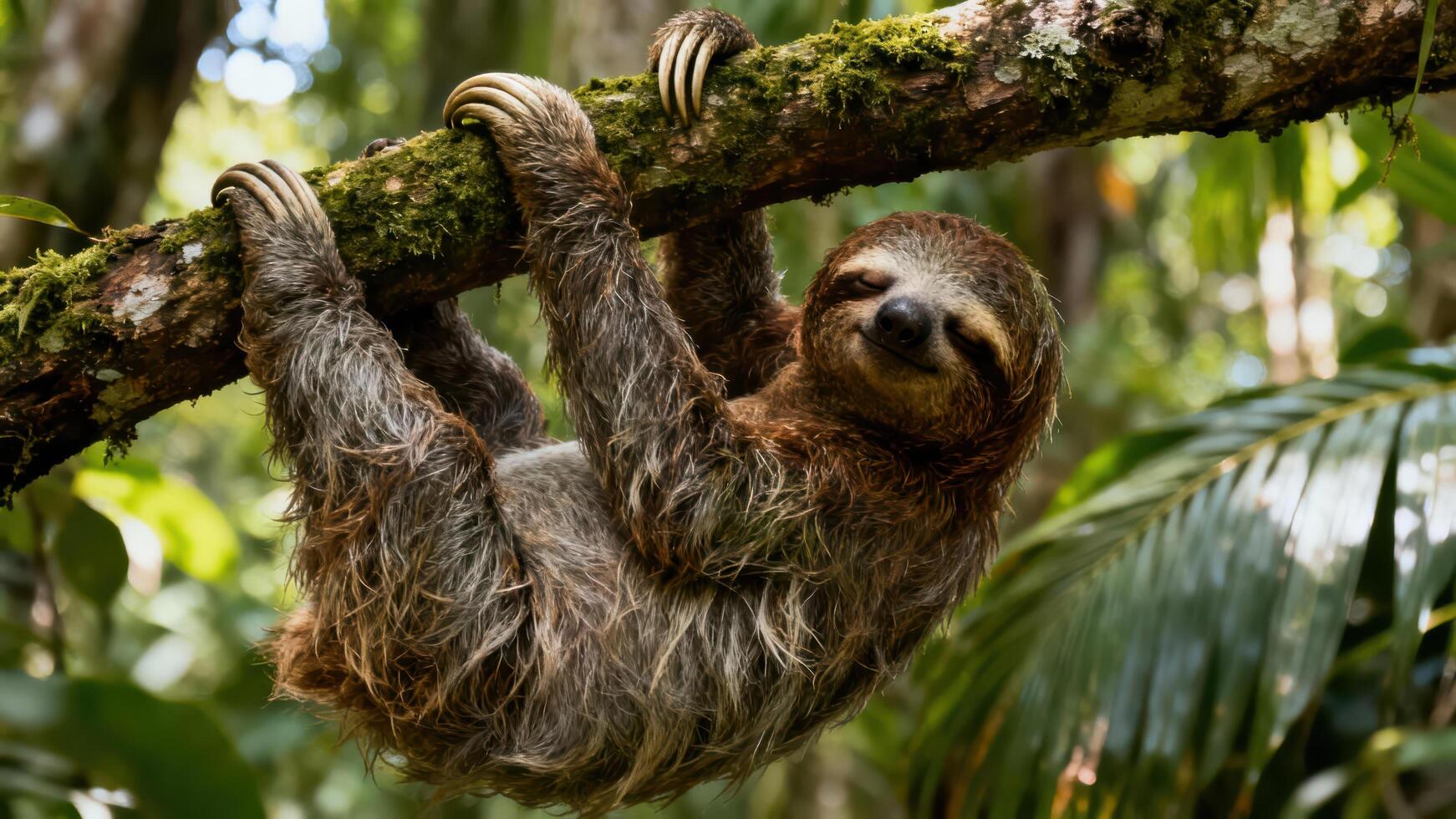 Wild three-toed sloth hanging upside down securely gripping a thick, lichen covered branch in the dense tropical rainforest canopy. photo