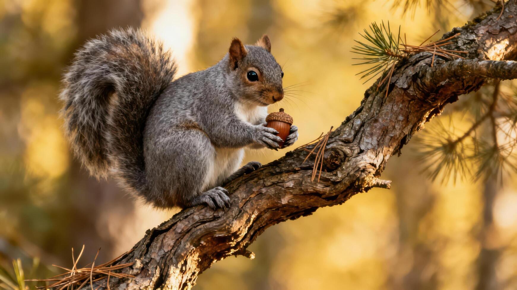 Eastern Gray Squirrel perched on a rugged pine branch clutching a single brown acorn in golden hour light. photo