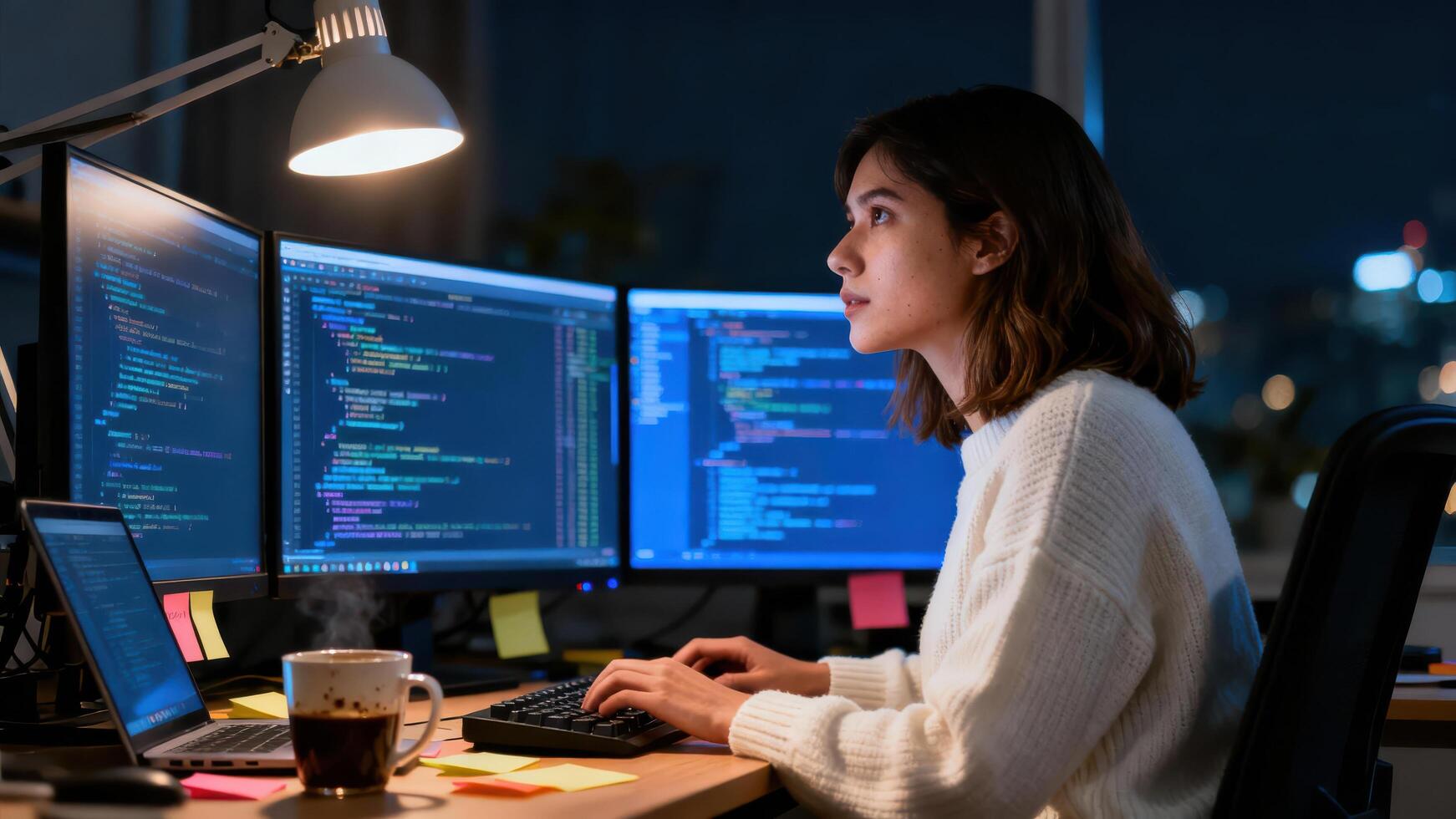 Focused young Asian woman typing software code on keyboard while illuminated by desk lamp and three computer monitors late at night. photo