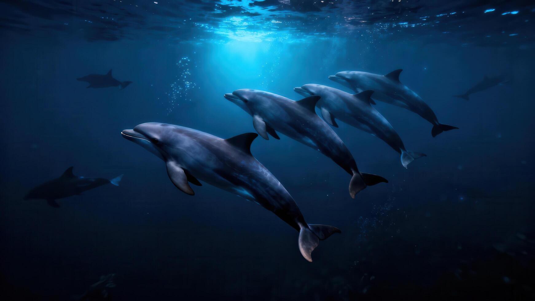 Common bottlenose dolphins swimming in a pod in the dark ocean water with sunlight filtering down from the deep blue surface. photo