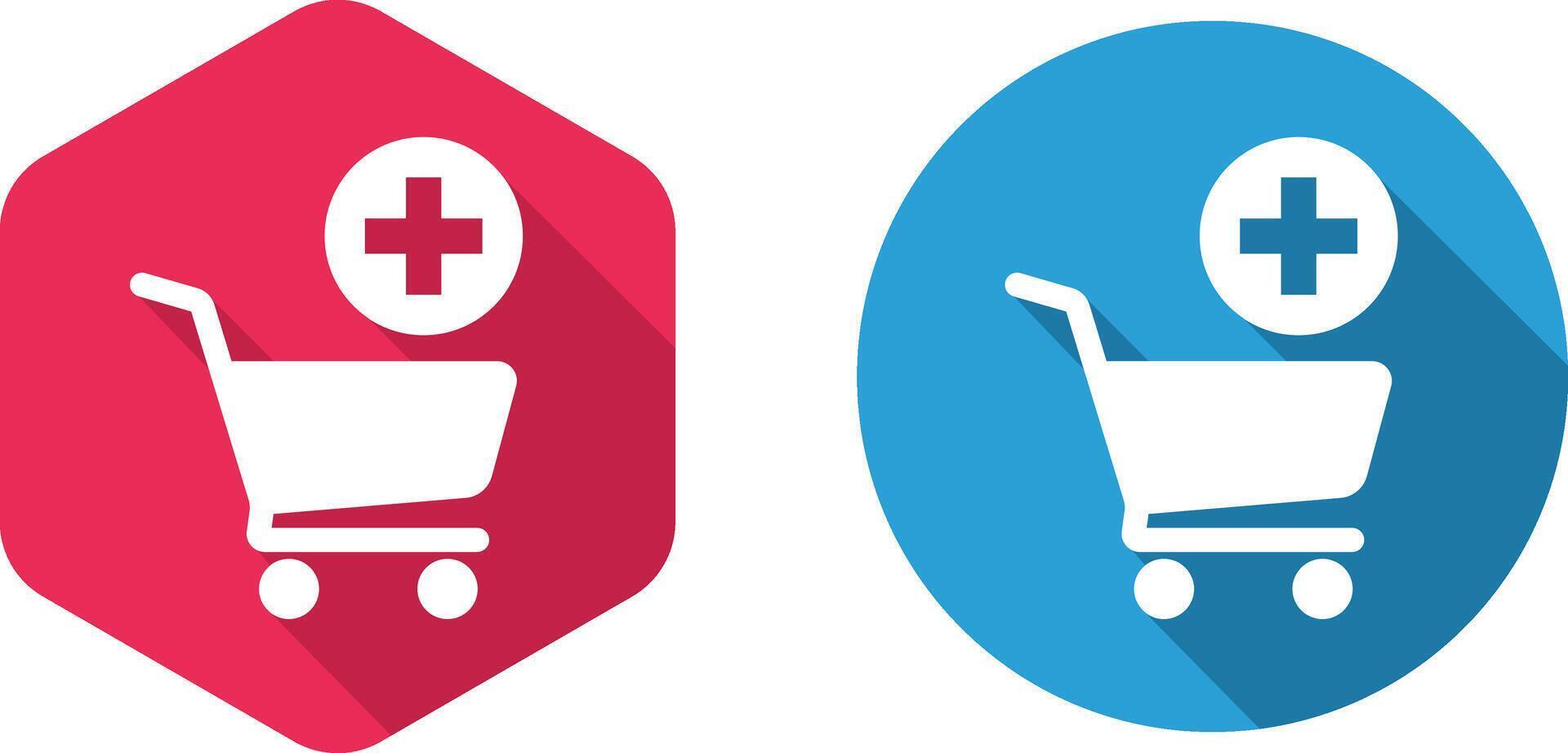 Red hexagon and blue circle shopping cart icons with plus signs add to cart commerce vector