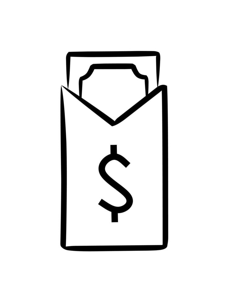 A minimalist hand-drawn illustration of an envelope containing money with a dollar sign, featuring minimal shading and a simple outline style used to represent payments, rewards, bonus vector