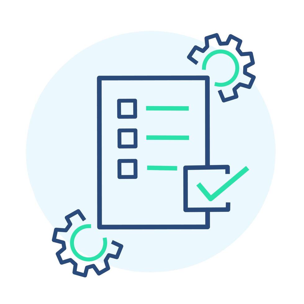 A clean and modern line illustration of a checklist with gears in blue and green tones, featuring a prominent checkmark that symbolizes task management, process efficiency, and completion vector