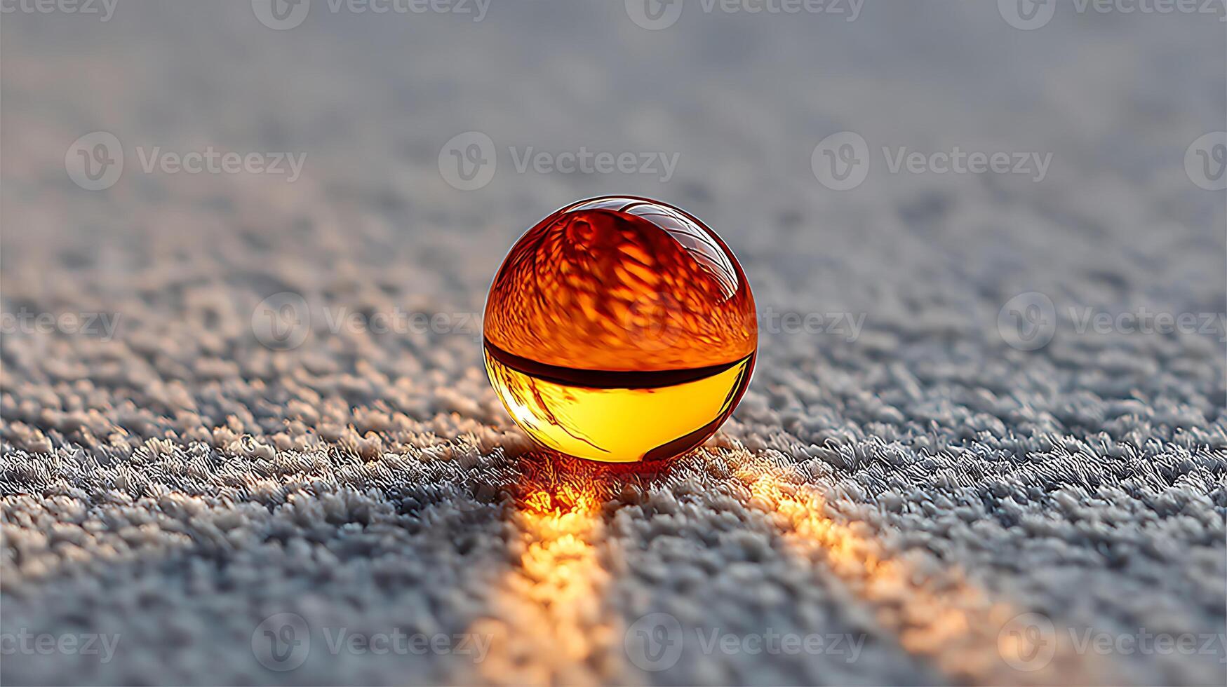 Macro shot of a shiny glass orb resting on a soft textured surface with warm light creating highlights. photo