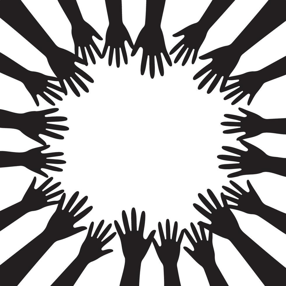 Diverse hands reaching together in a circle of unity vector