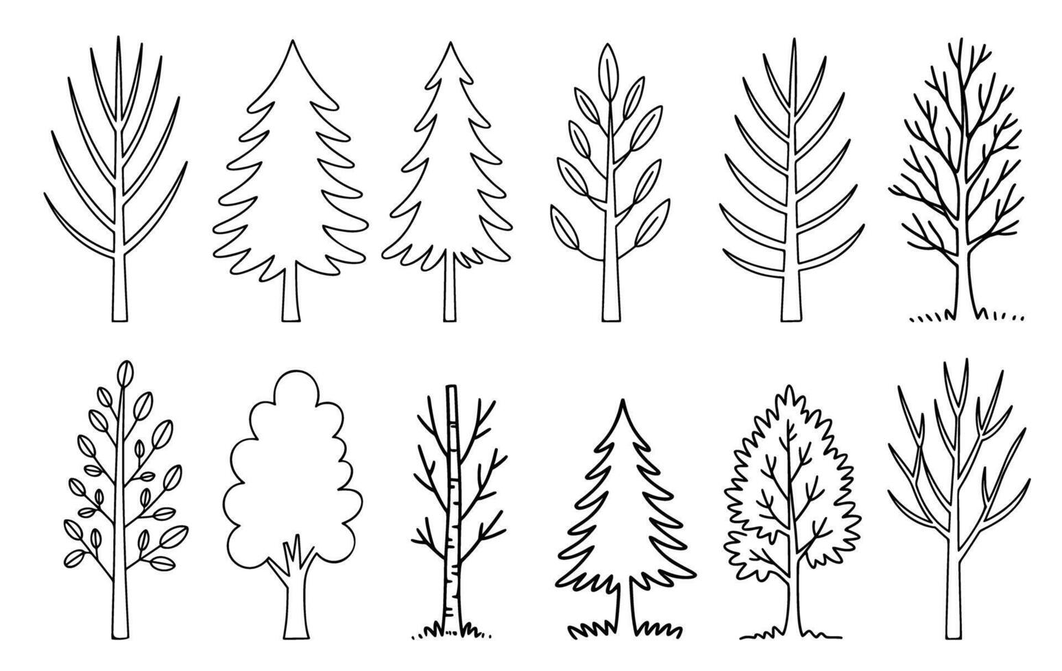 A diverse collection of handdrawn tree outlines, featuring various species and styles, from evergreen pines to deciduous broadleaf trees, ideal for nature designs and educational use vector