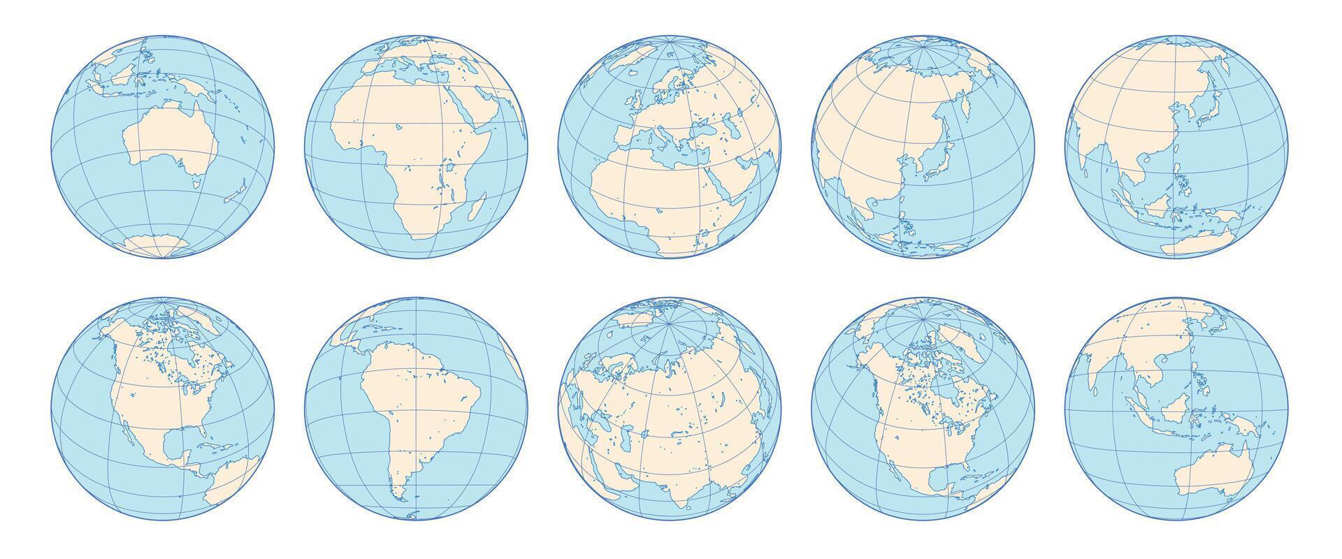 Set of Earth globes with grid lines. World map icons showing different continents and angles. Flat line art planet illustrations for global geography, travel, and international business vector